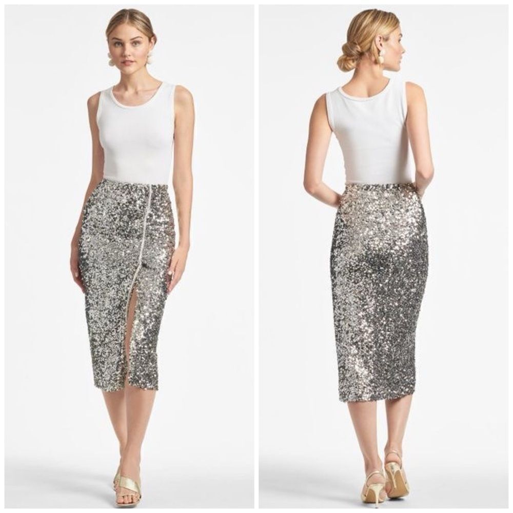 Sachin & Babi Talisa Skirt Silver Sequins & Pearls Midi Pencil Size 6 NEW